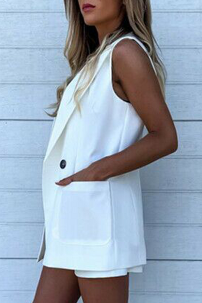 Pocket Buttons Turndown Collar Sleeveless Two Pieces