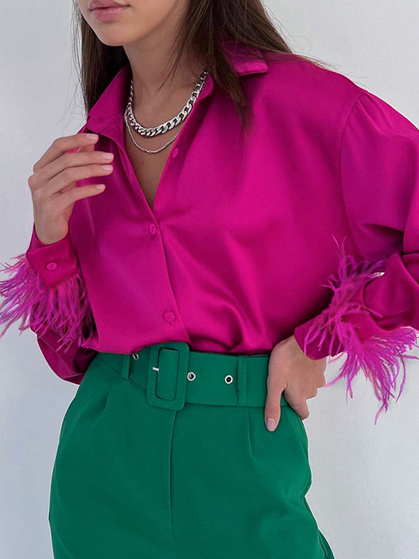 Loose Wrap Feathers Color Split-joint Lapel Collar Blouses&shirts Tops