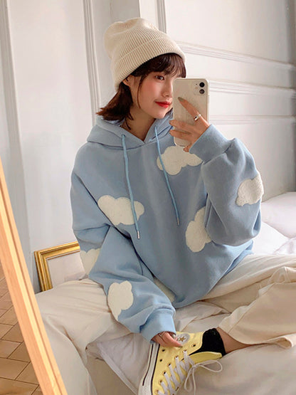 Korean Sweatshirt Winter Clouds ’s Sweaters Velvet Warm Sleeves Tops Temporary Hoodies Kawaii Femal