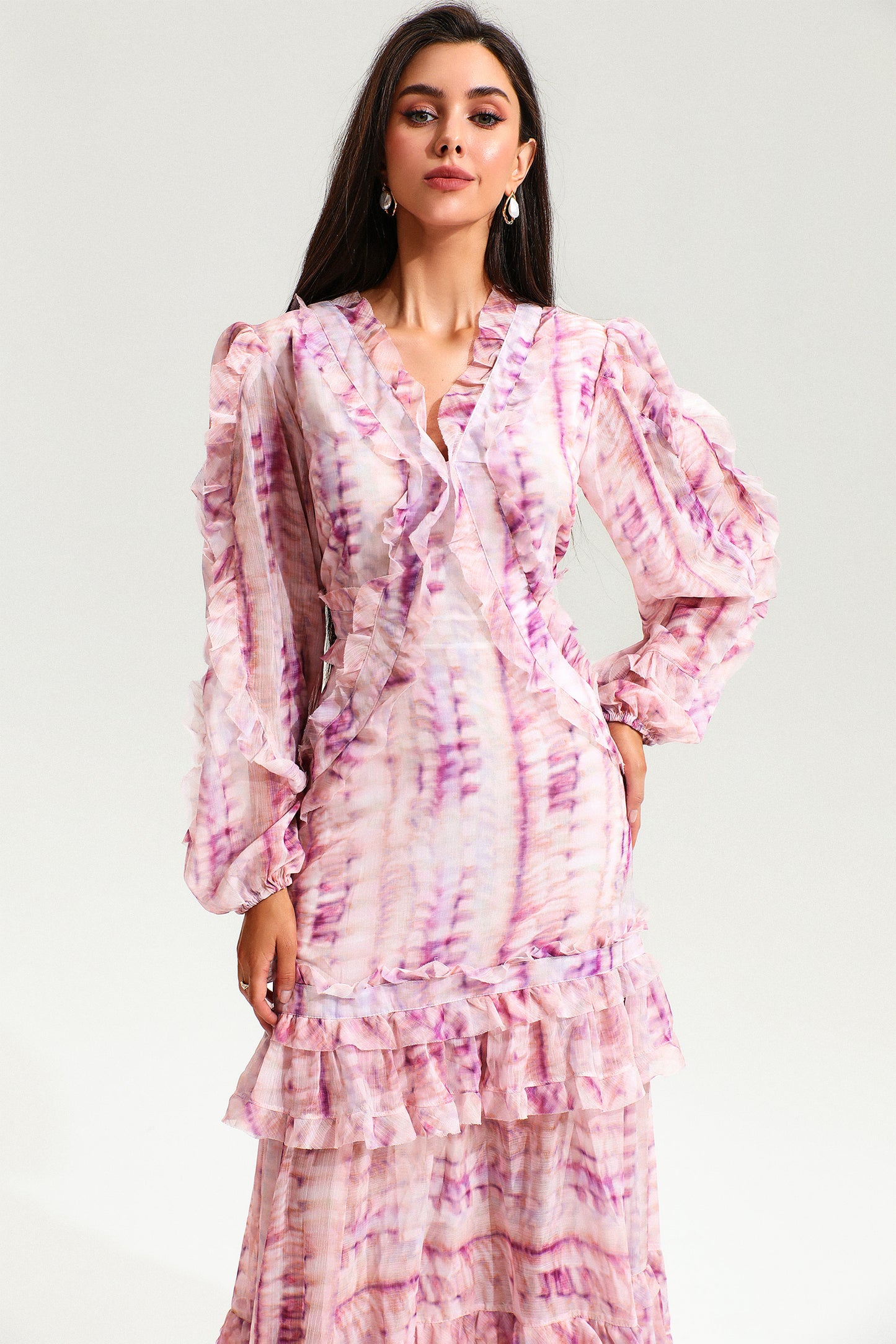 V-neck Lace Puff Sleeve Tiered Ruffle Hem Maxi Dress Pink