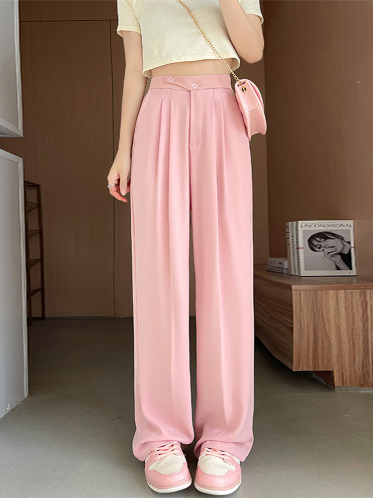 Wide Office Trousers for High Waist White Straight Stacked Pants With Pockets Double-button Classic ’s Trousers
