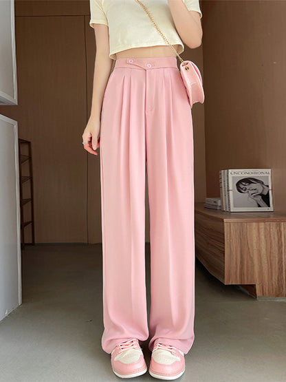 Wide Office Trousers for High Waist White Straight Stacked Pants With Pockets Double-button Classic ’s Trousers