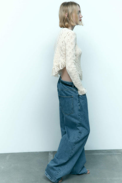 Cropped Knit Buttoned Lace Trim Cardigan White