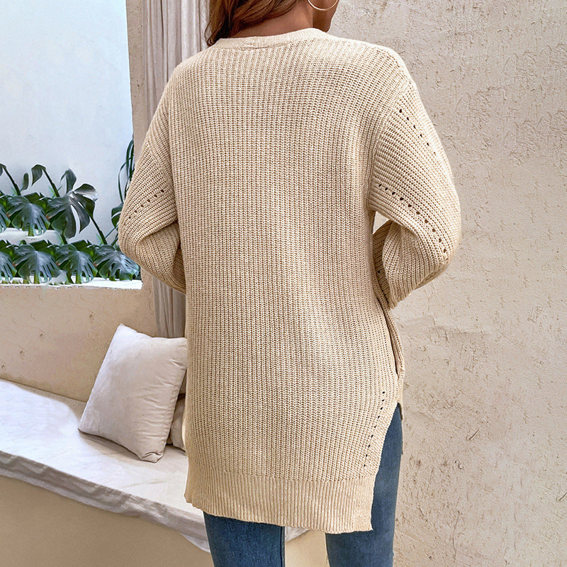 Autumn Winter Hollow Out Cutout Cardigan Sweater Button Slit Knit Sweater Coat