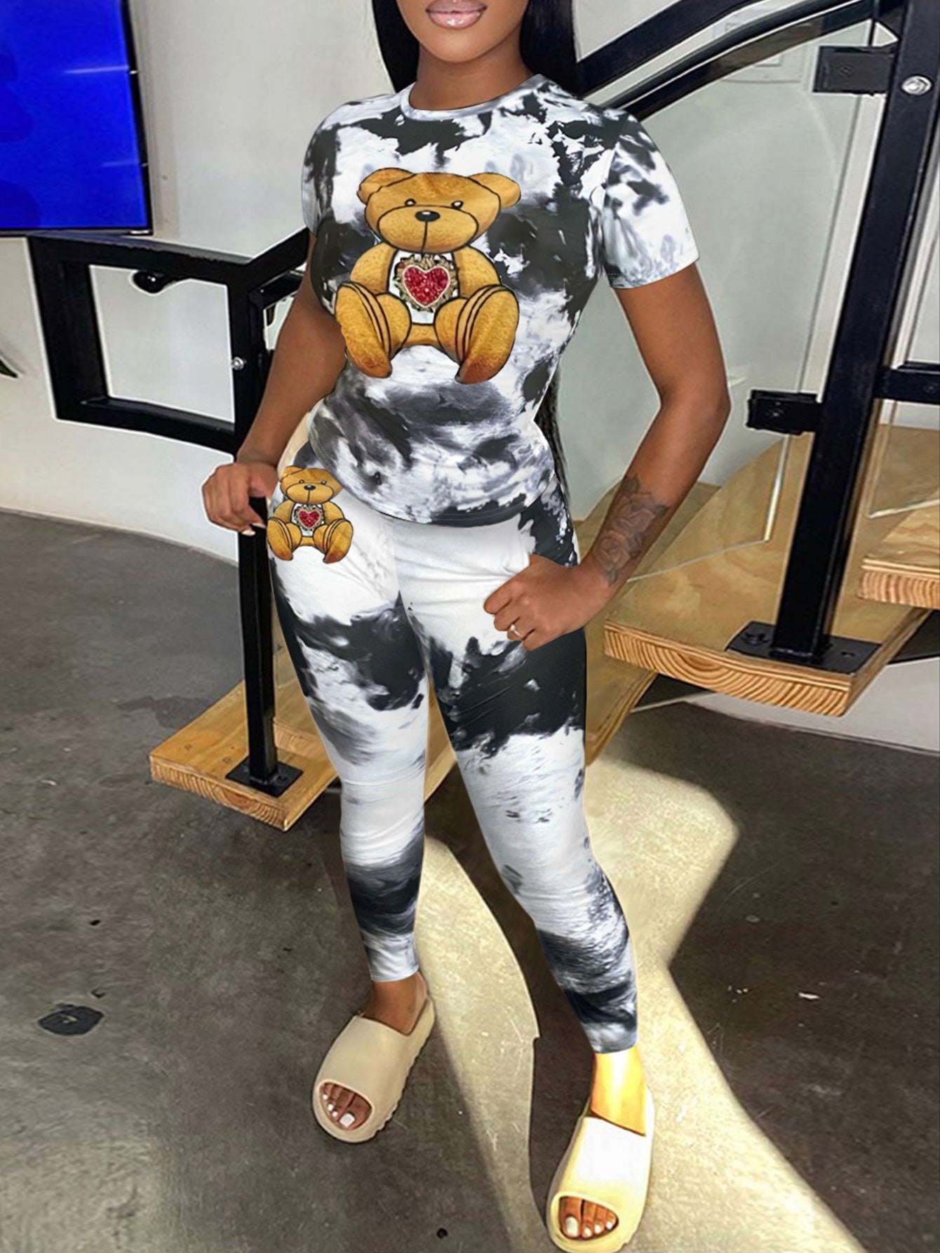 Teddy Bear Print Tie Dye Pants Set Spring Cartoon Short Sleeve Round Neck Two Piece Suit Daily Outfits Tracksuits