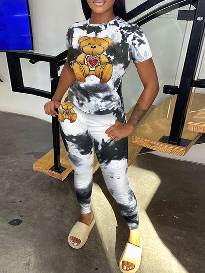 Teddy Bear Print Tie Dye Pants Set Spring Cartoon Short Sleeve Round Neck Two Piece Suit Daily Outfits Tracksuits