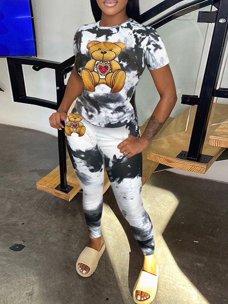 Teddy Bear Print Tie Dye Pants Set Spring Cartoon Short Sleeve Round Neck Two Piece Suit Daily Outfits Tracksuits