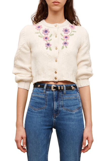 Knit Crew Collar Embroidered Cardigan