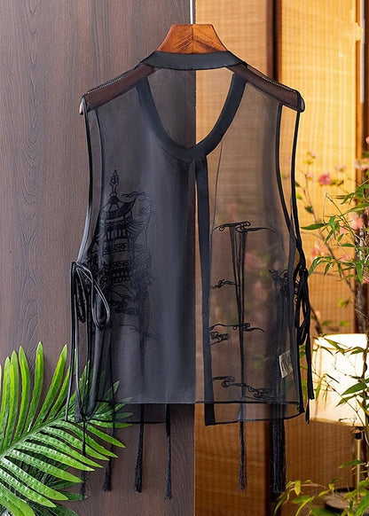 Modern Black O-neck Embroidered Silk Waistcoat Summer