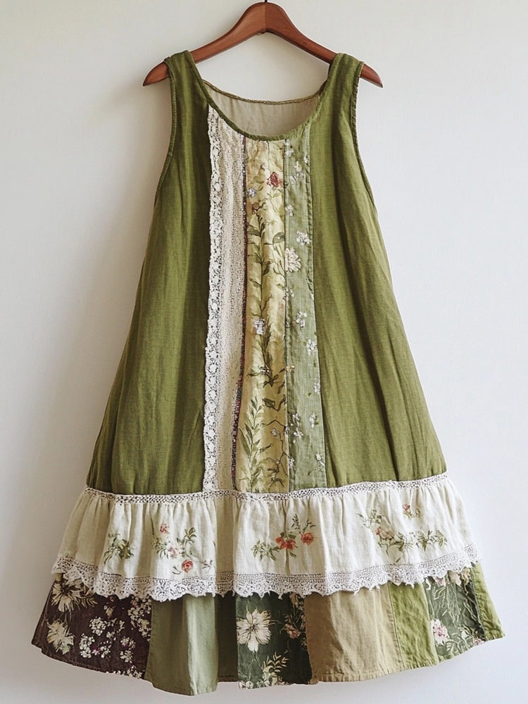 Floral Pattern Lace Patchwork Linen Blend Dress artswardrobe