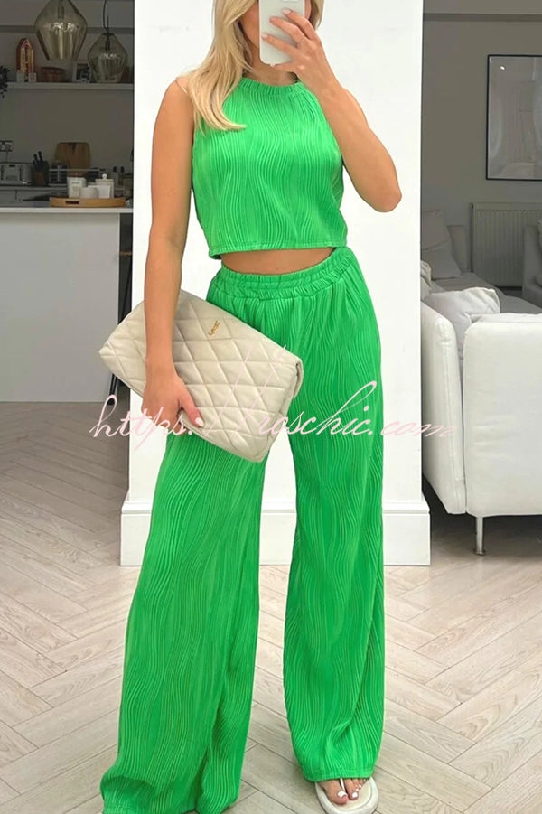 Color Water Wave Crew Neck Tank Top and Elastic Waist Straight Pants Set