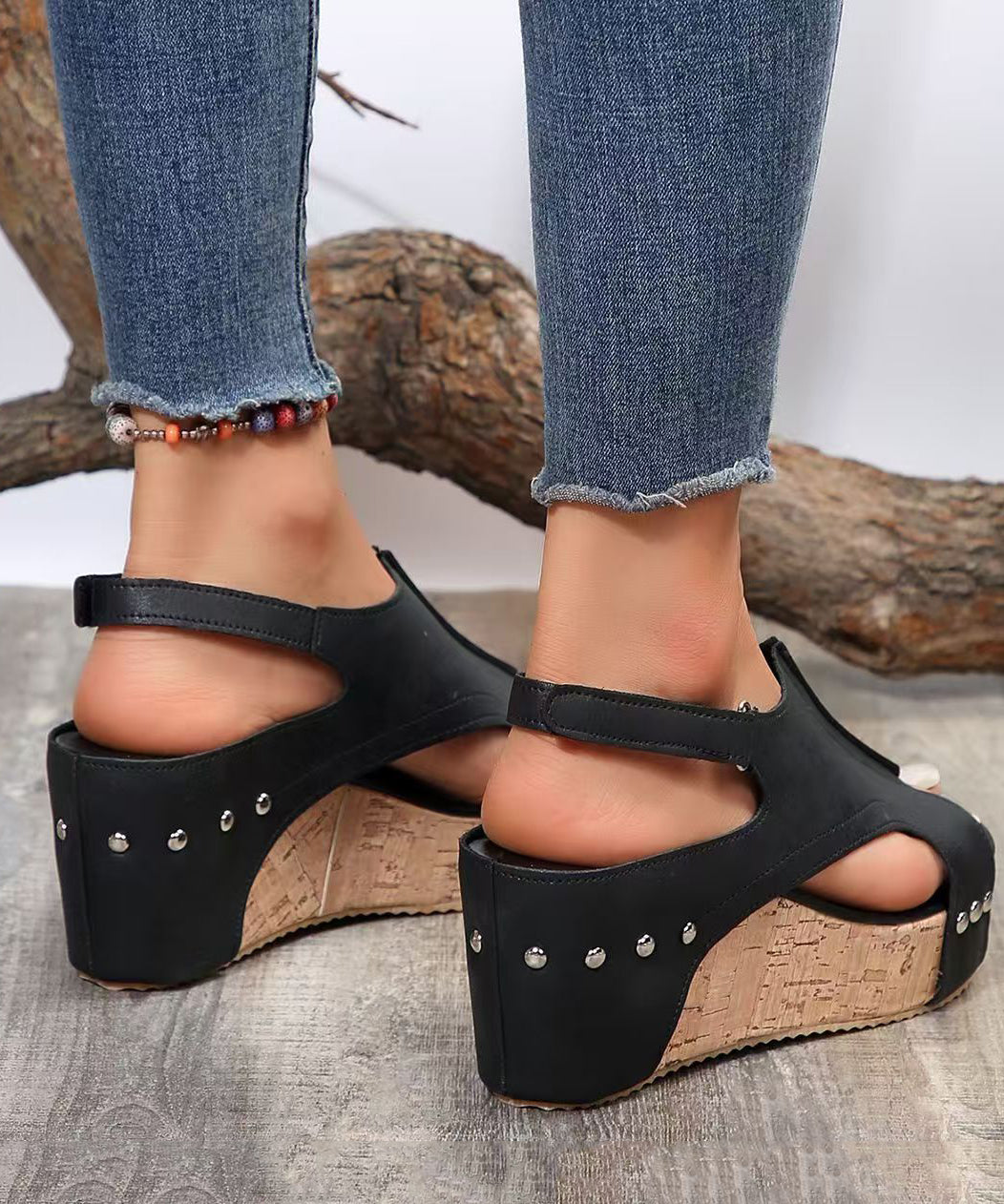 European American Style Black Splicing Wedge Sandals Hollow Out Peep Toe Uu011