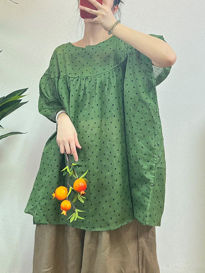 Loose Half Sleeves Polka-dot Split-joint Round-neck Blouses&shirts Tops
