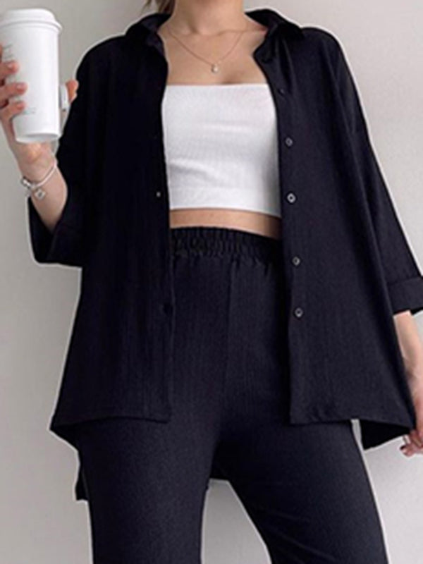 Color High-low Split-side Lapel Blouses + High Waisted Pants Bottom Two Pieces Set