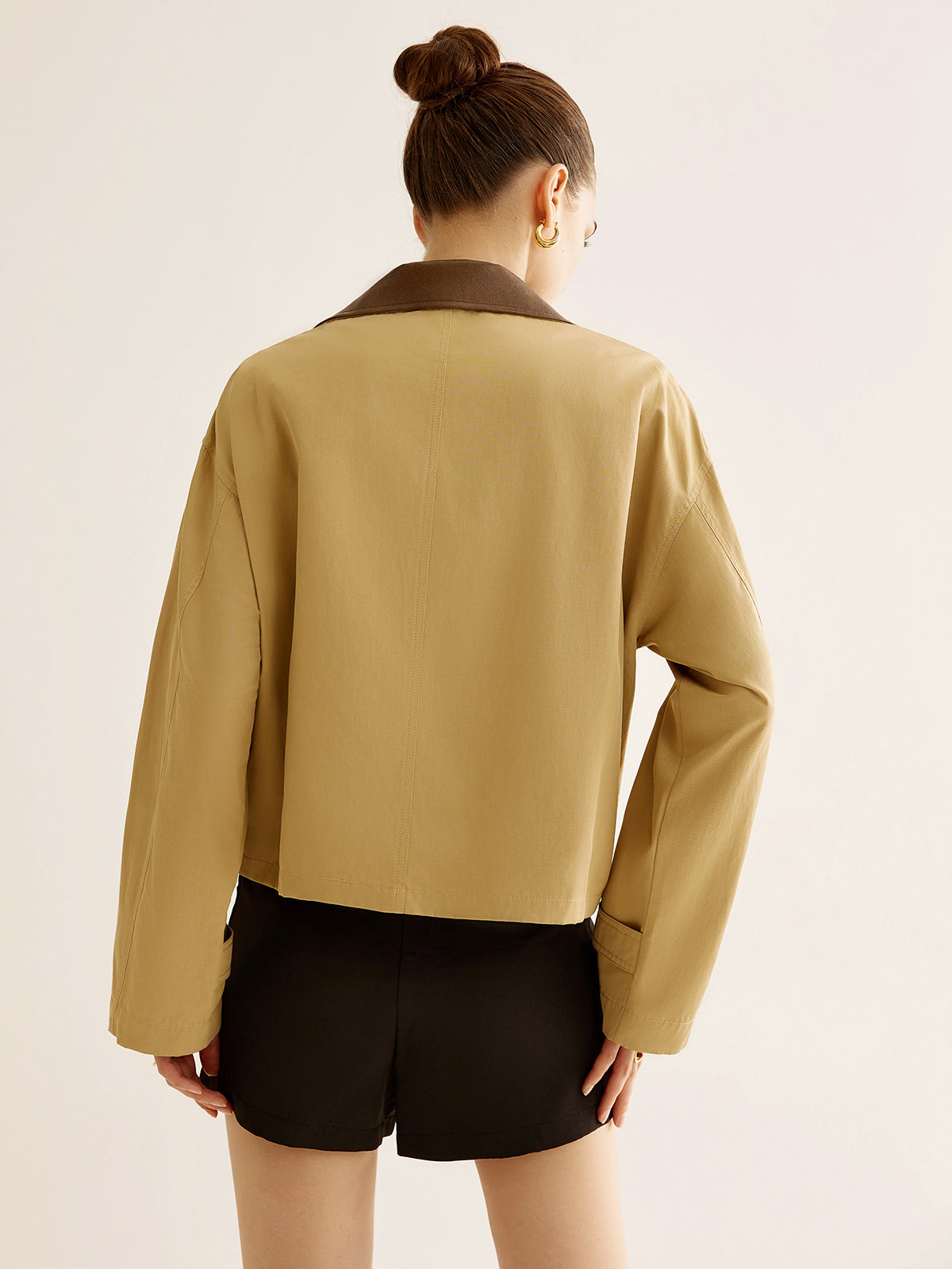 Contrast-collar Zipper Trench Coat