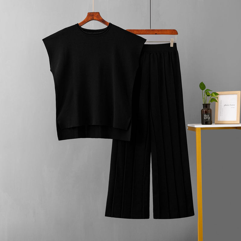 Summer Color Sleeveless Vest Sweater Wide Leg Pants Ice Silk Set – Outfit for Hot Days