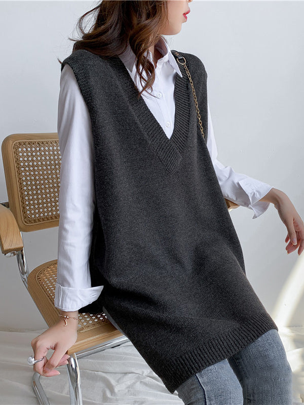 Sleeveless Split-side Color V-neck Knitted Vest