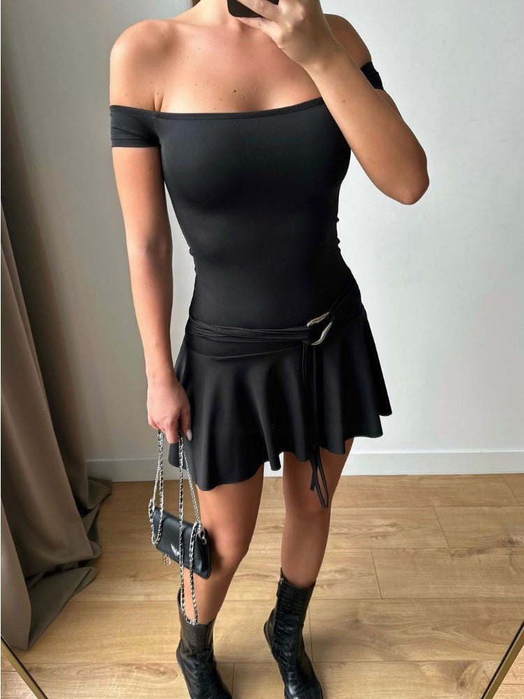 Taruxy Off Shoulder Sleeveless Strapless Mini Dress for Splice Flounced Edge Slim With Belt Club Party Dresses Female