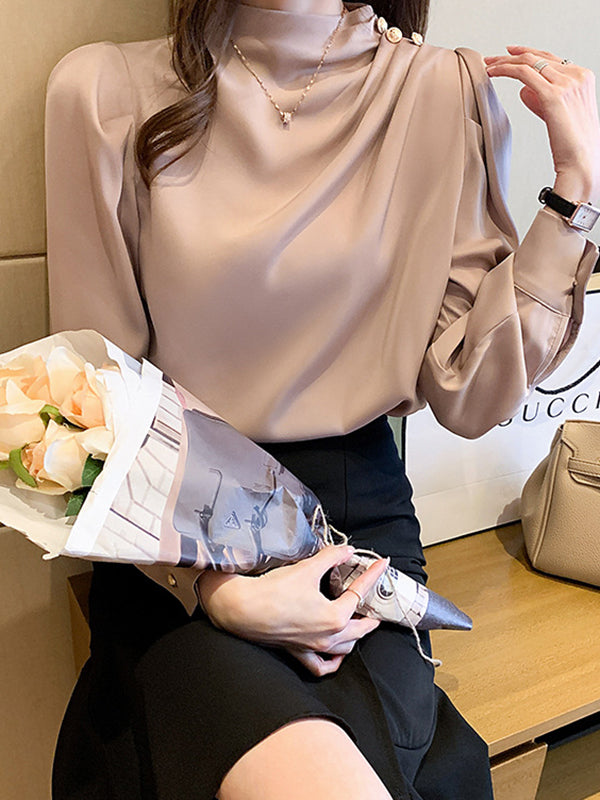 Loose Puff Sleeves Pleated Split-joint High Neck Blouses&shirts Tops