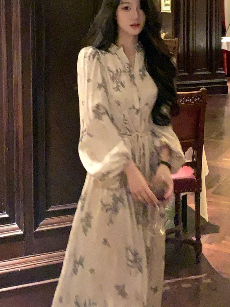 Midi Dress Printed Lantern Sleeve V-neck French Autumn Lace Up Female Evening Party Vestidos Mujer
