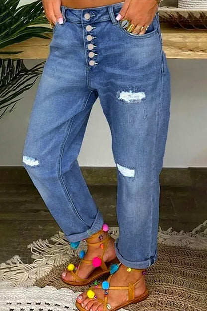 Street Ripped Buckle Low Waist Loose Denim Jeans(4 Colors)