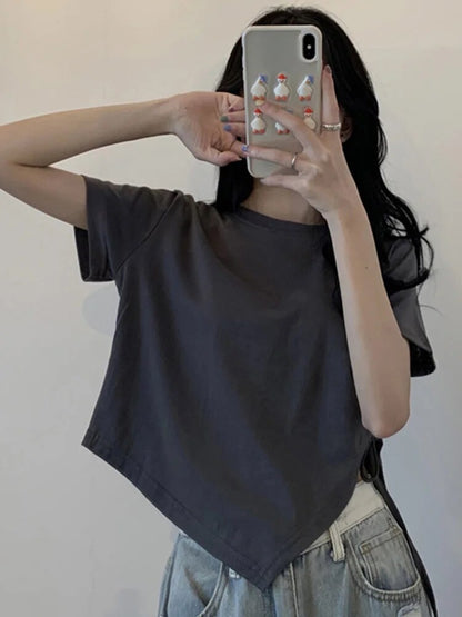 Round Collar Short Sleeve T-shirt Irregular Bandage Slim Crop Tops for Woman Summer All-match Basic