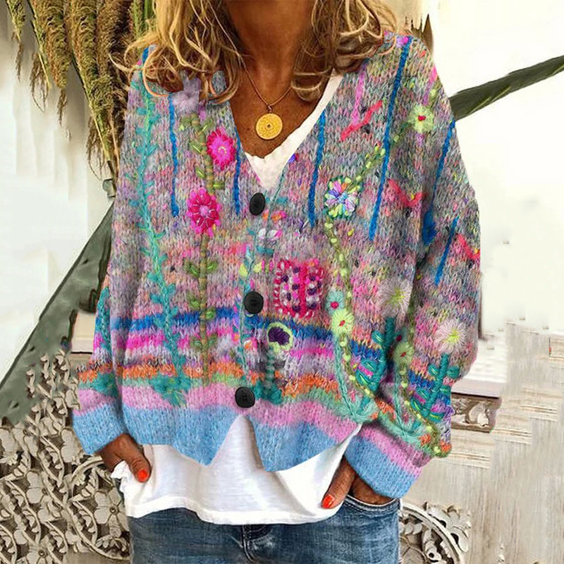 Vintage Floral Print V-Neck Long Sleeved Knitted Cardigan artswardrobe