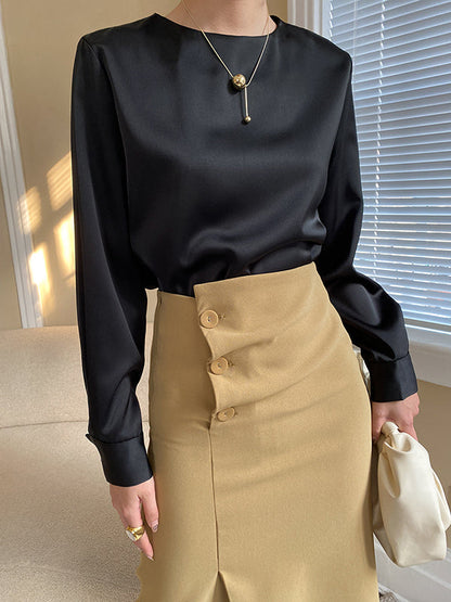 Long Sleeves Loose Color Round-neck Blouses&shirts Tops