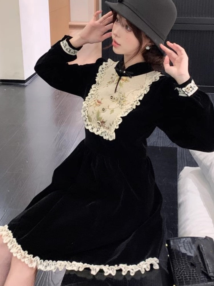 Y2k Patchwork Velvet Mini Dress Long Sleeve Princess Party Dress A-line Autumn Spring French Prom Vestidos New