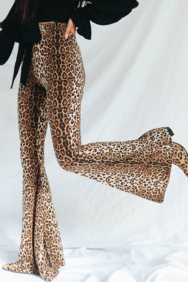 Street Animal Print Leopard Split Joint Basic Boot Cut High Waist Full Print Bottoms