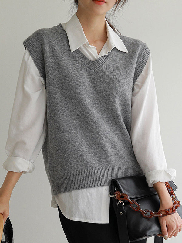 Loose Sleeveless Color V-neck Sweater Vest Outerwear
