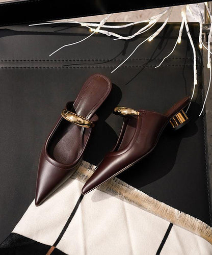 French Chocolate Faux Leather Splicing Slide Sandals Pointed Toe Ap1018