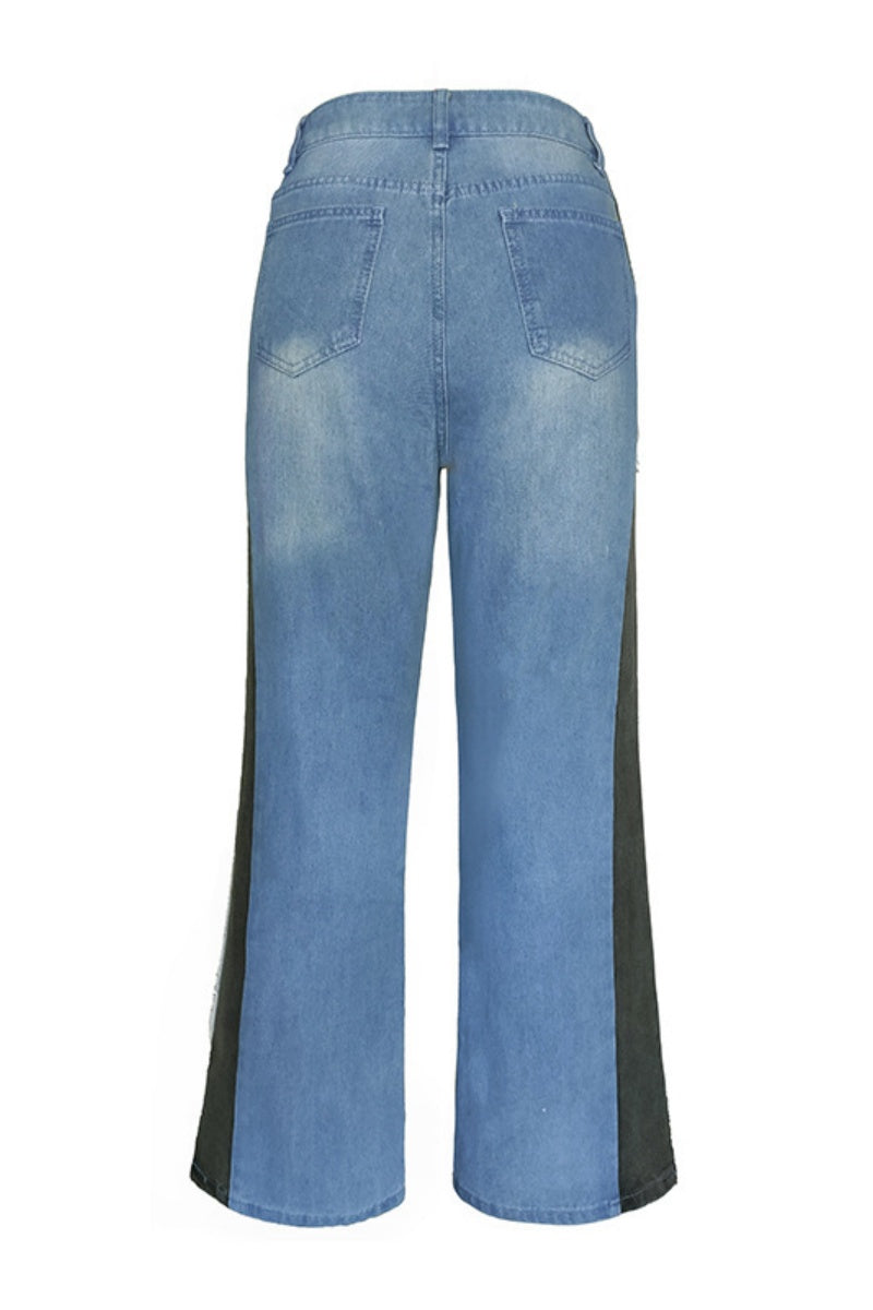Patchwork Contrast Mid Waist Regular Denim Jeans