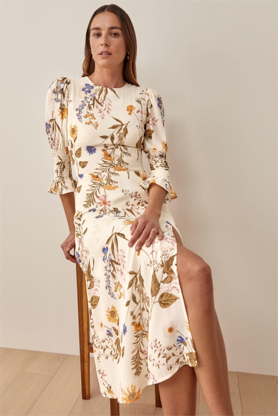 Crew Collar Mid Sleeve Slit Midi Dress