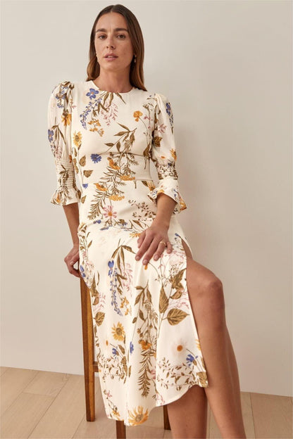Crew Collar Mid Sleeve Slit Midi Dress