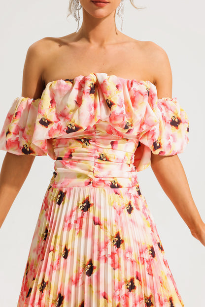 Off-shoulder Puff Sleeve Pleated Midi Dress Pink