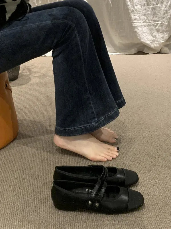 Contrast Color Round Cut Split-joint Square-toe Low Heels Flat Shoes Flats
