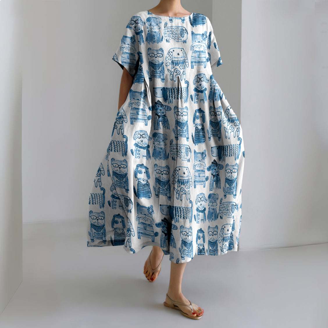Comstylish Abstract Dog And Doggies Print Loose Midi Dress