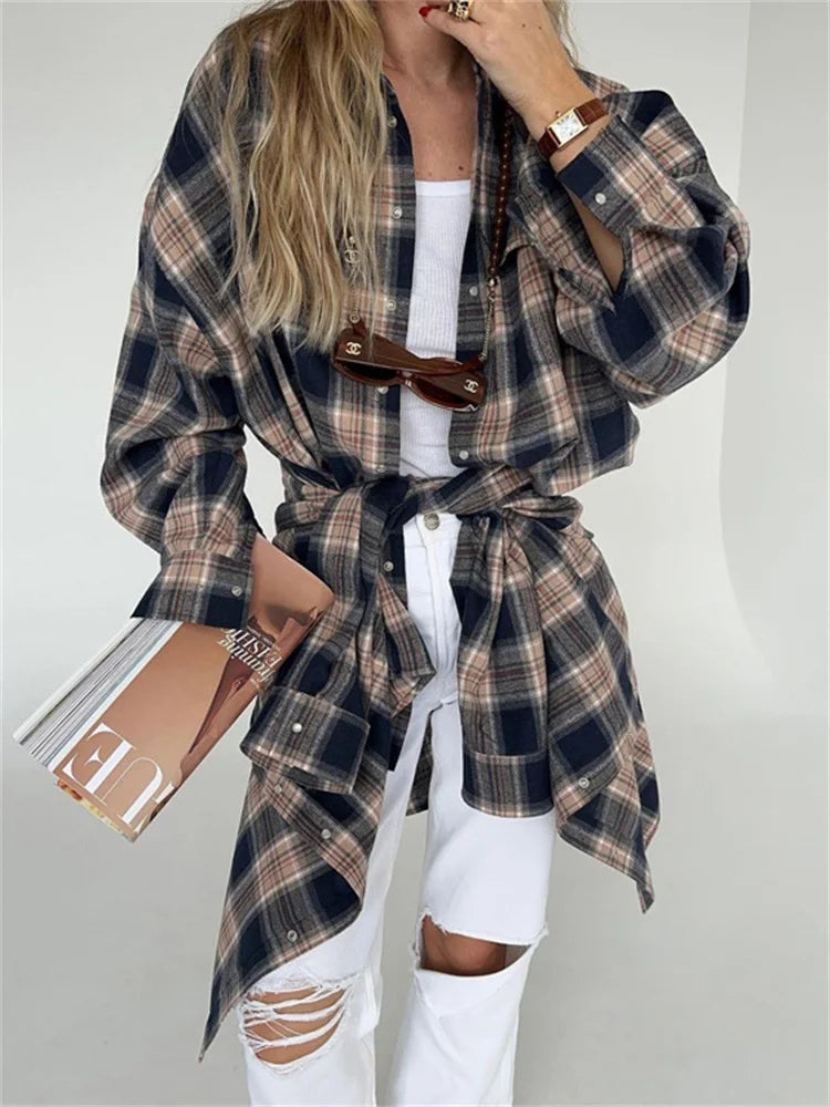 Tossy Lapel Autumn Shirts Outwear Contrast Long Sleeve Patchwork Coat Cardigan Female Shirts