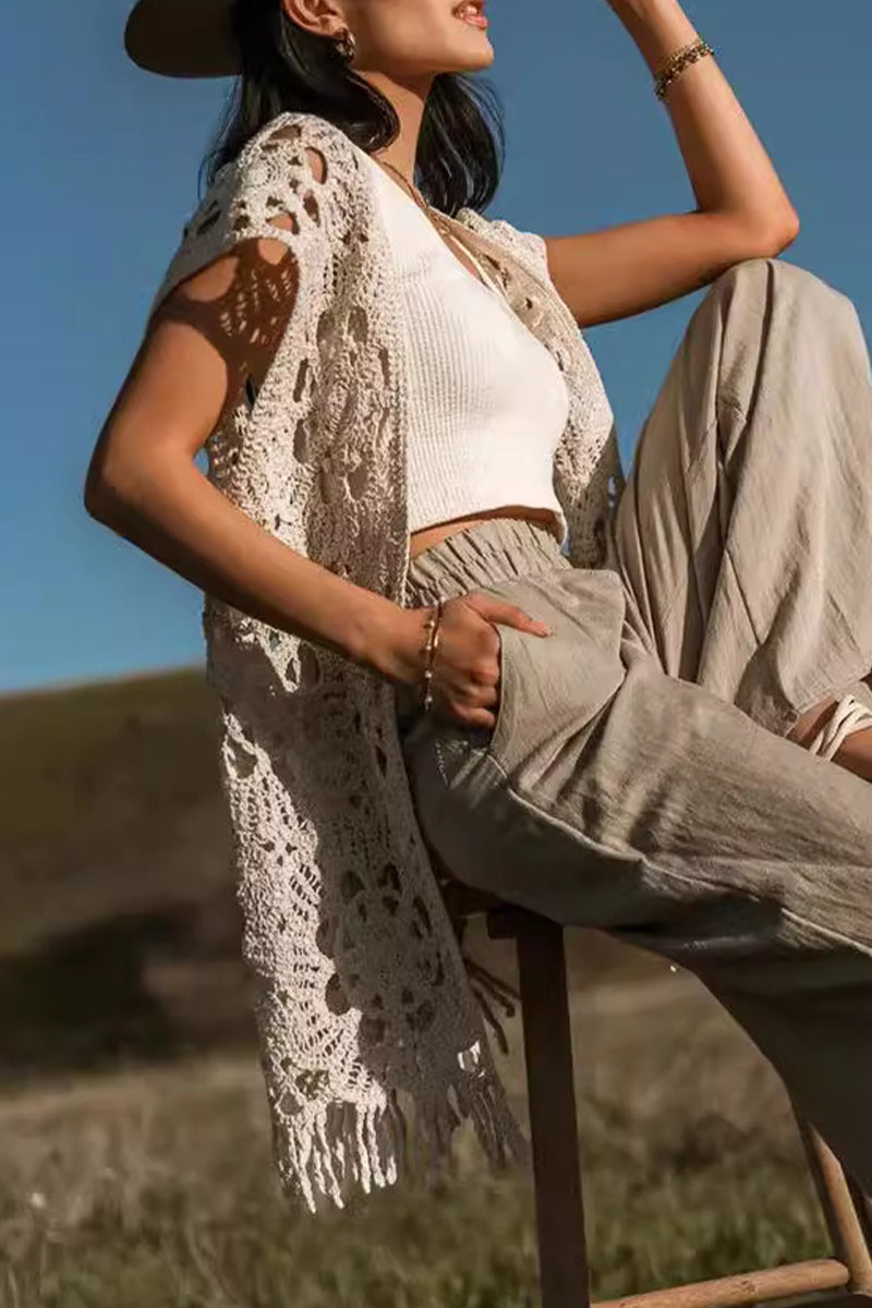 Vacation Hollow Out Fringed Hem V Neck Waistcoats