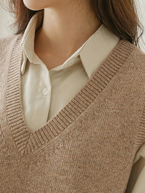 Loose Sleeveless Color V-neck Sweater Vest Outerwear