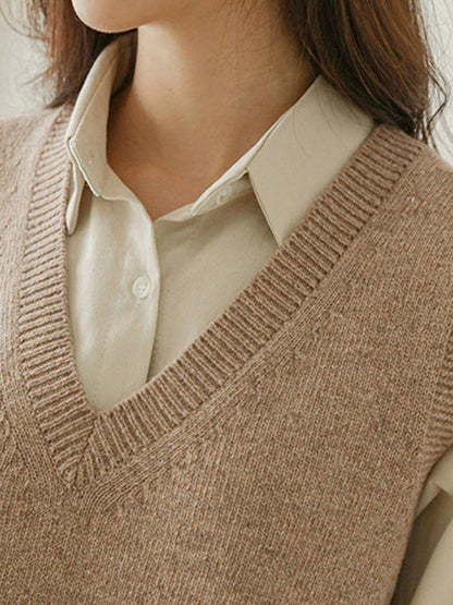 Loose Sleeveless Color V-neck Sweater Vest Outerwear