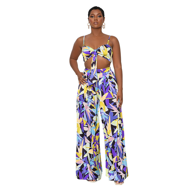 Summer Printed Strap Tube Top Cropped Clothing Wide Leg Pants Suit