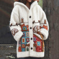 Comstylish Christmas Snowing Street Felt Embroidered Cozy Hooded Cardigan