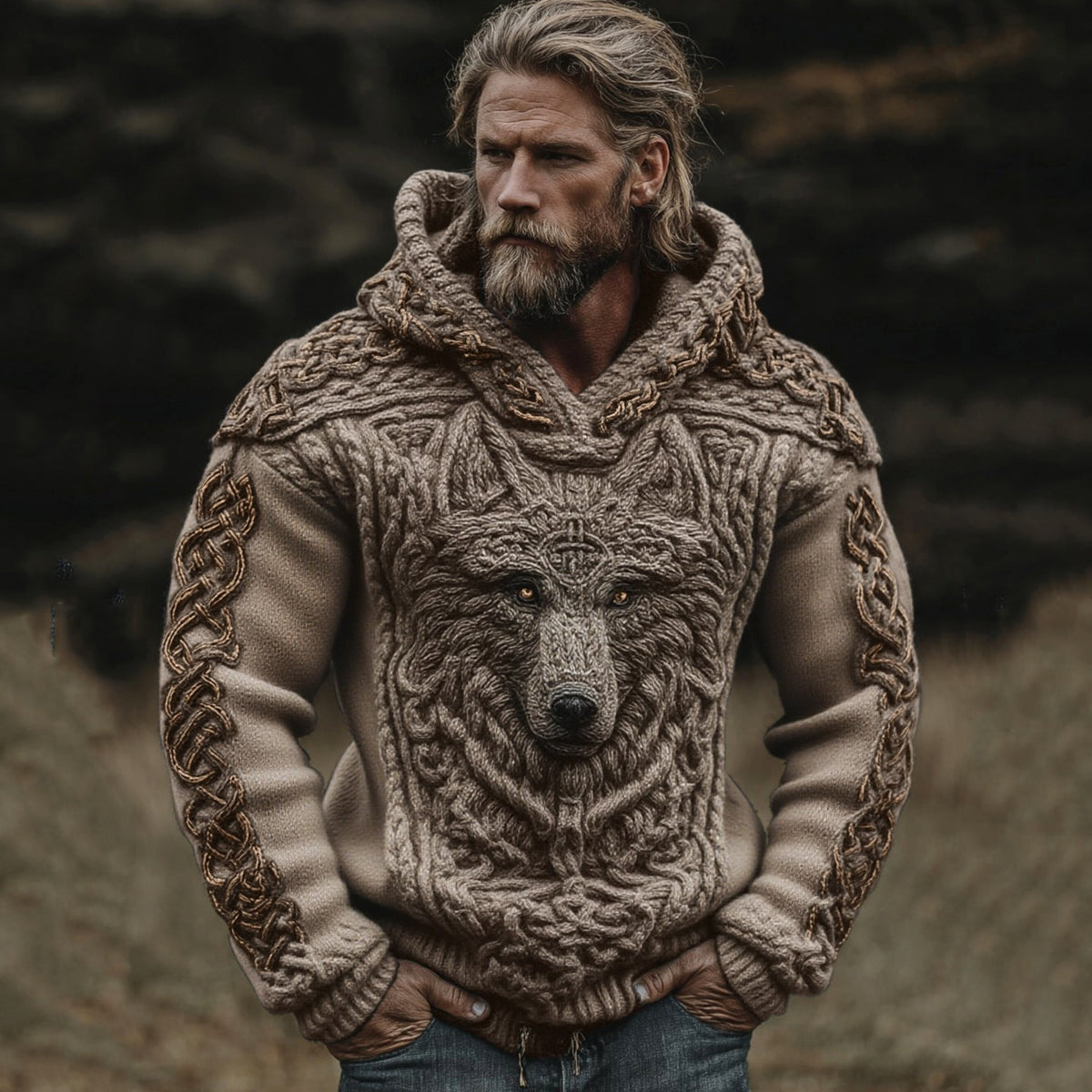 Men's Viking Wolf Celtic Knot Jacquard Knitted Hooded Sweater artswardrobe