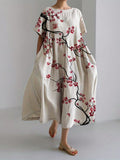 Comstylish Classy Plum Blossom Japanese Art Linen Blend Maxi Dress