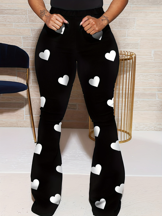High Waist Heart Print Slimming Flared Pants New Spring Elastic Micro Horn Trousers Sweet Causal Style