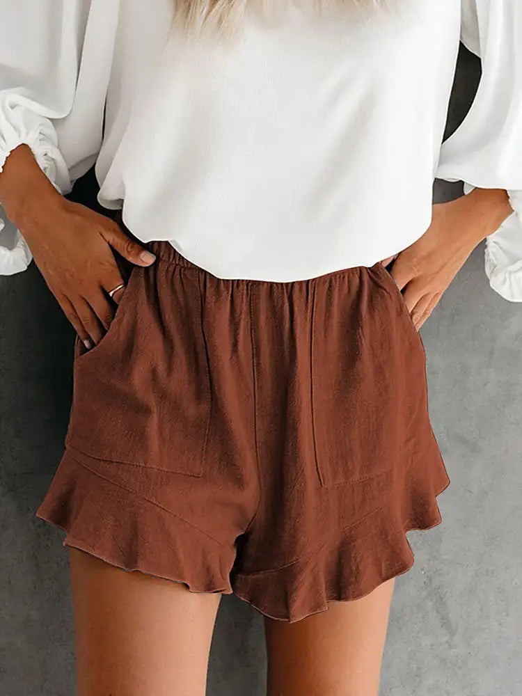 Brown Ruffle Pocketed Shorts