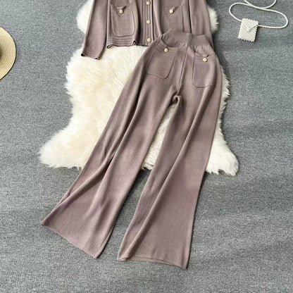 Knitted Cardigan Top Spring Autumn High End Sweater Jacket High Waist Slimming Wide Leg Pants Suit