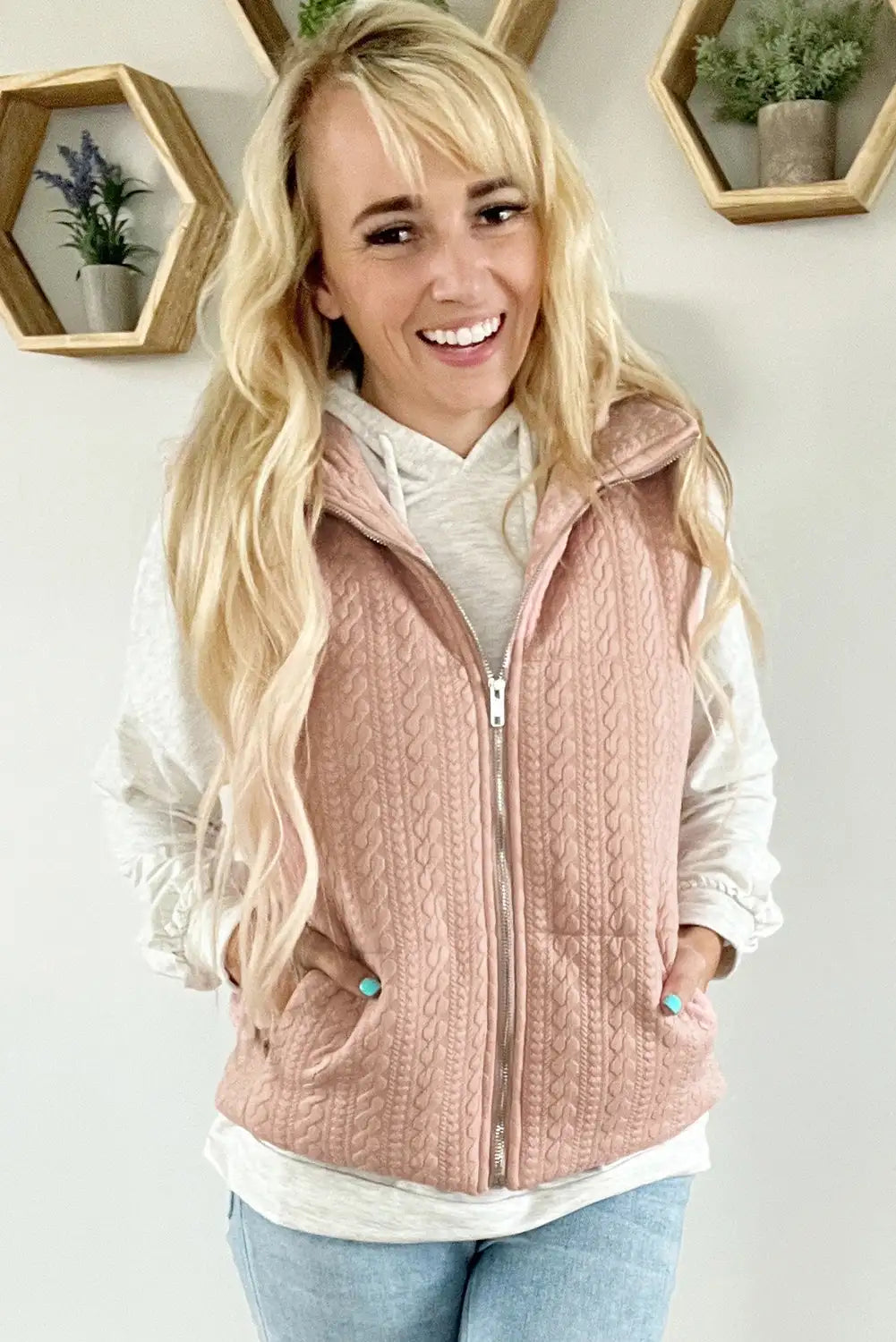 Cable Textured Zip Up Vest Jacket